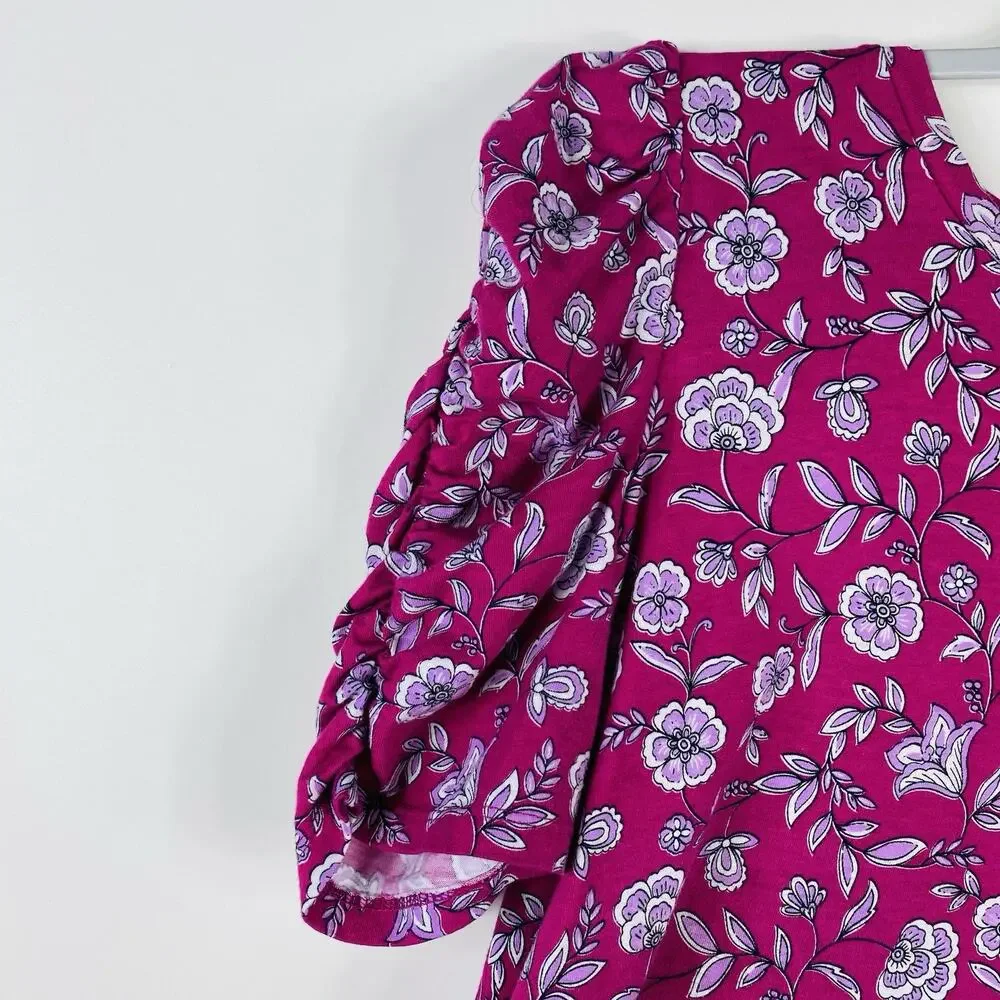 Ann Taylor LOFT Top Small Pink Floral Puff Sleeve Tee 100% Cotton